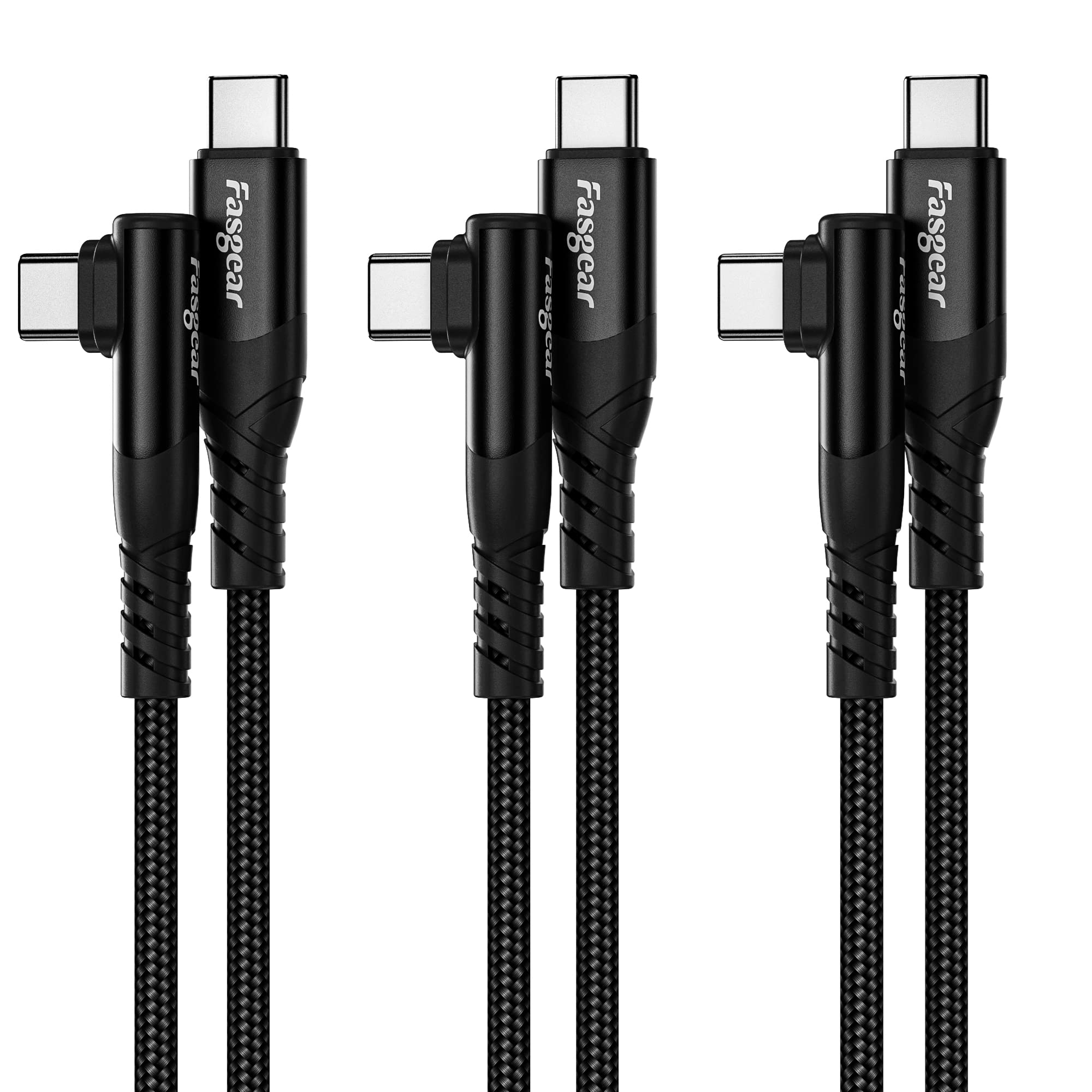Fasgear USB C to USB C cable, 3 Pack 1m 60W Type C to Type C Right Angle 90 Degree, PD Fast Charging Charger Lead Compatible for Galaxy S24 S23 Mac-Book i-Pad Pro i-Pad Air (3ft, Black) — image 1