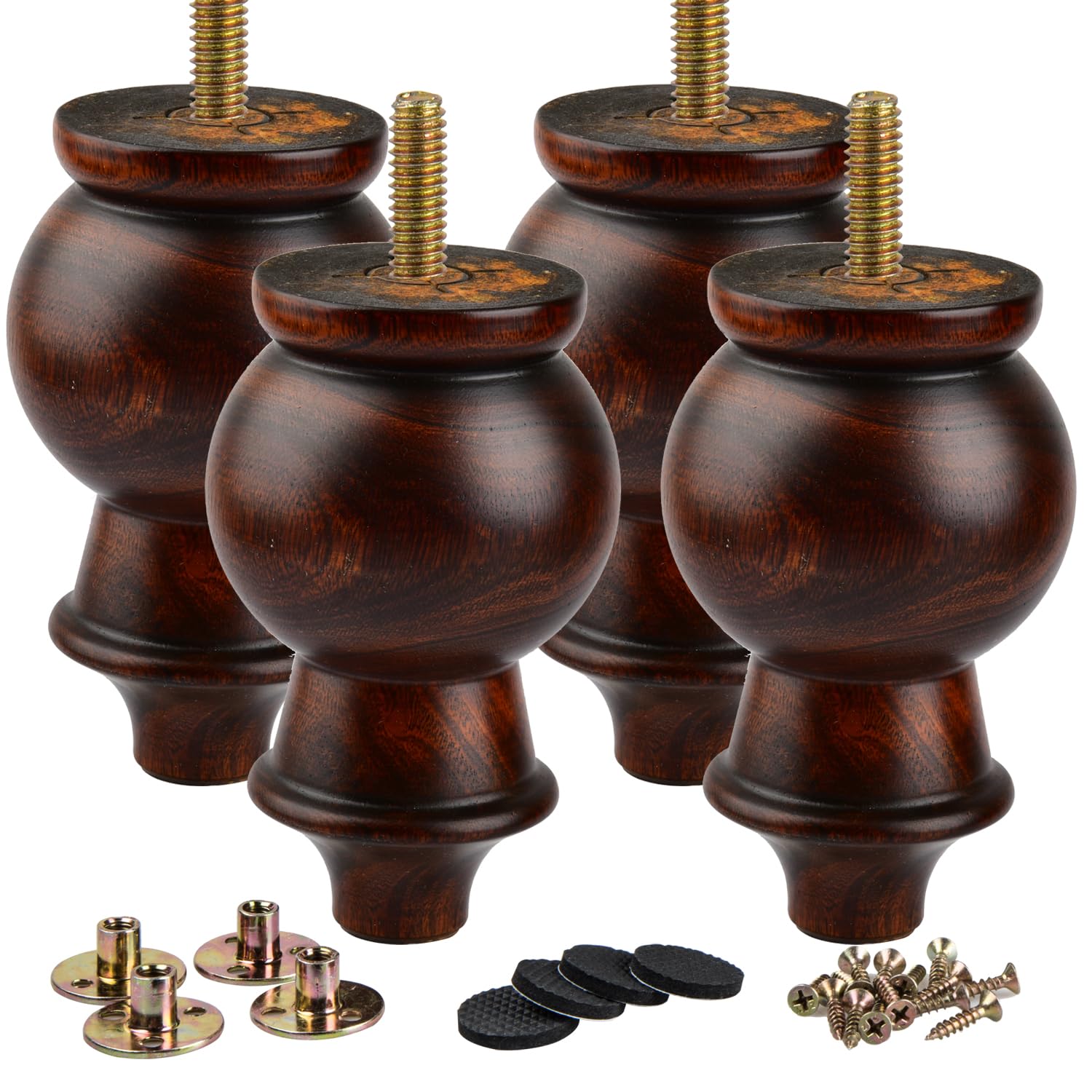 La Vane 5.5 inch Wooden Furniture Legs, 4PCS Soild Wood Turned Spindle Replacement Bun Feet with Pre-Drilled M8 Inch Bolt & Mounting Plate for Couch Sofa Cabinet Ottoman