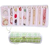 Portable Travel Jewelry Organizer Roll with 17 Zippered Compartments,Tangle-Free Necklace Storage Bag,Travel Jewelry Pouch for Bracelets, Earrings, Rings, Brooches (Green)