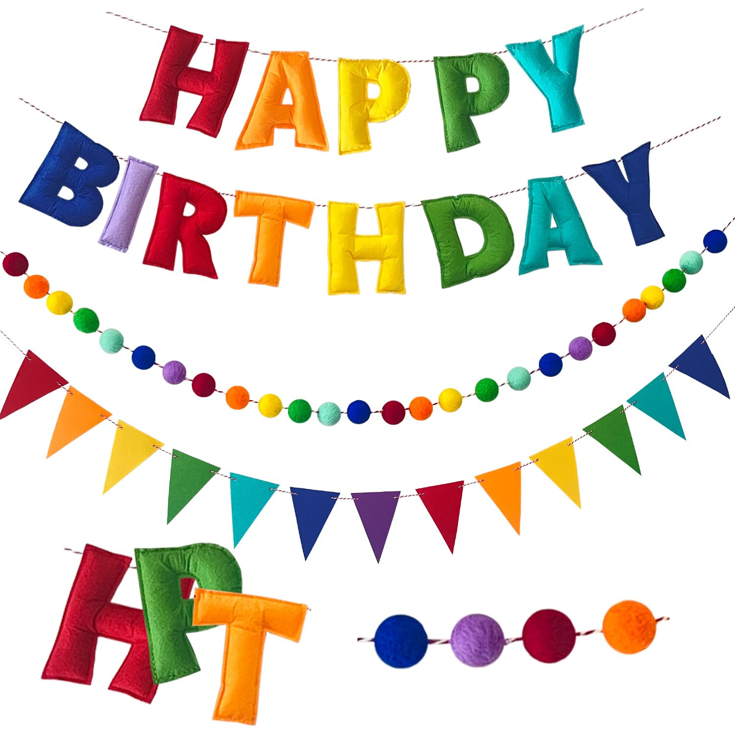 Danduolai Pre-Strung Happy Birthday Banner - Felt Ball Garland, Rainbow Birthday Decorations, Personalized Sign for Party Decor, Photo Prop (Multicolor with Ball Flags)