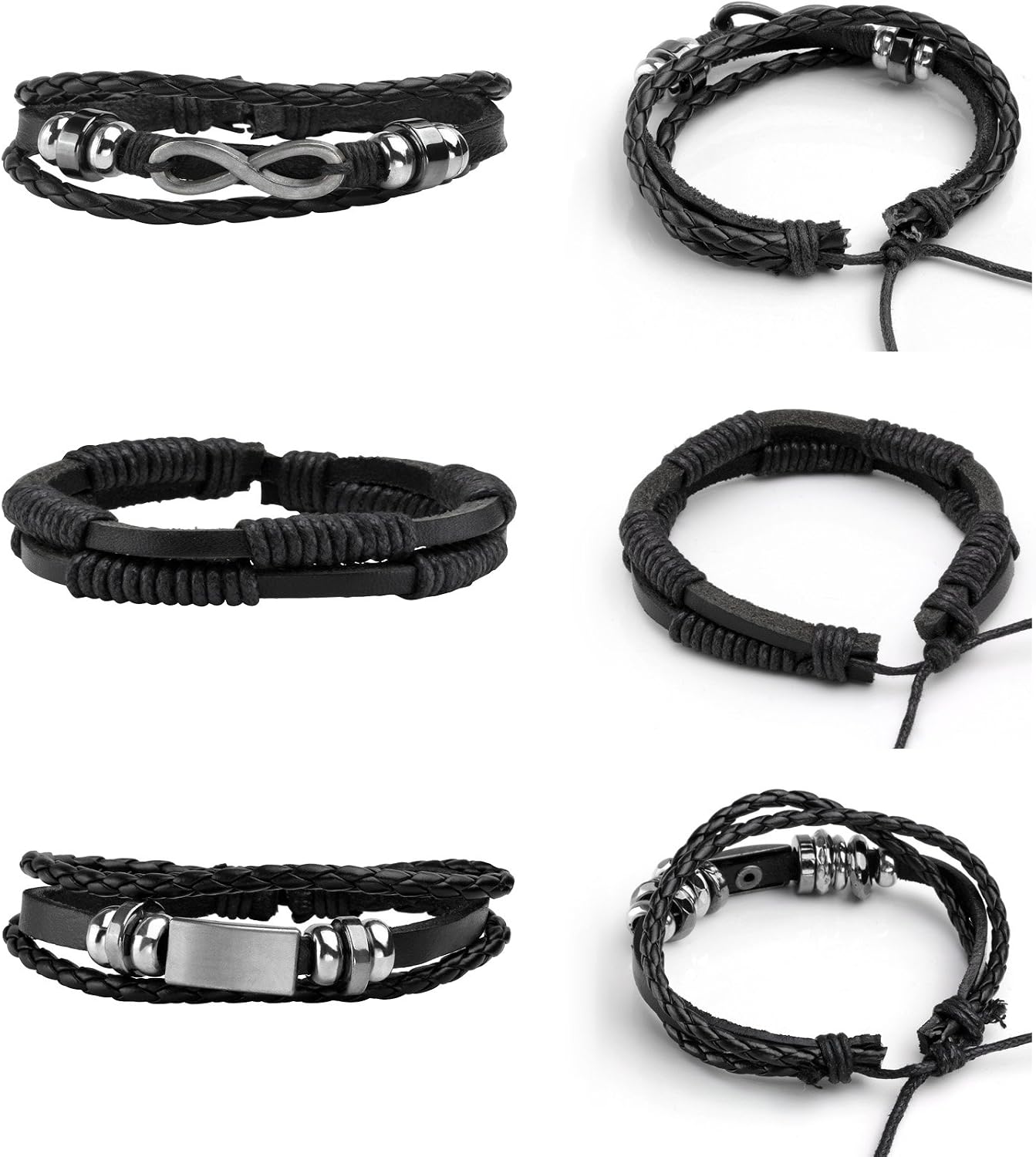 MILAKOO 5Pcs Braided PU Leather Bracelets for Men Women Punk Gothic Woven Cuff Wristaband Adjustable, Black, 7 pouces - Image 3