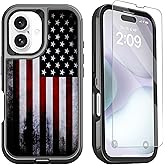 OTTARTAKS Compatible for iPhone 16 Case with Screen Protector Old Vintage American Flag Design 3-Layer Heavy Duty Shockproof Protective Phone Case for iPhone 16 6.1inch Men Women