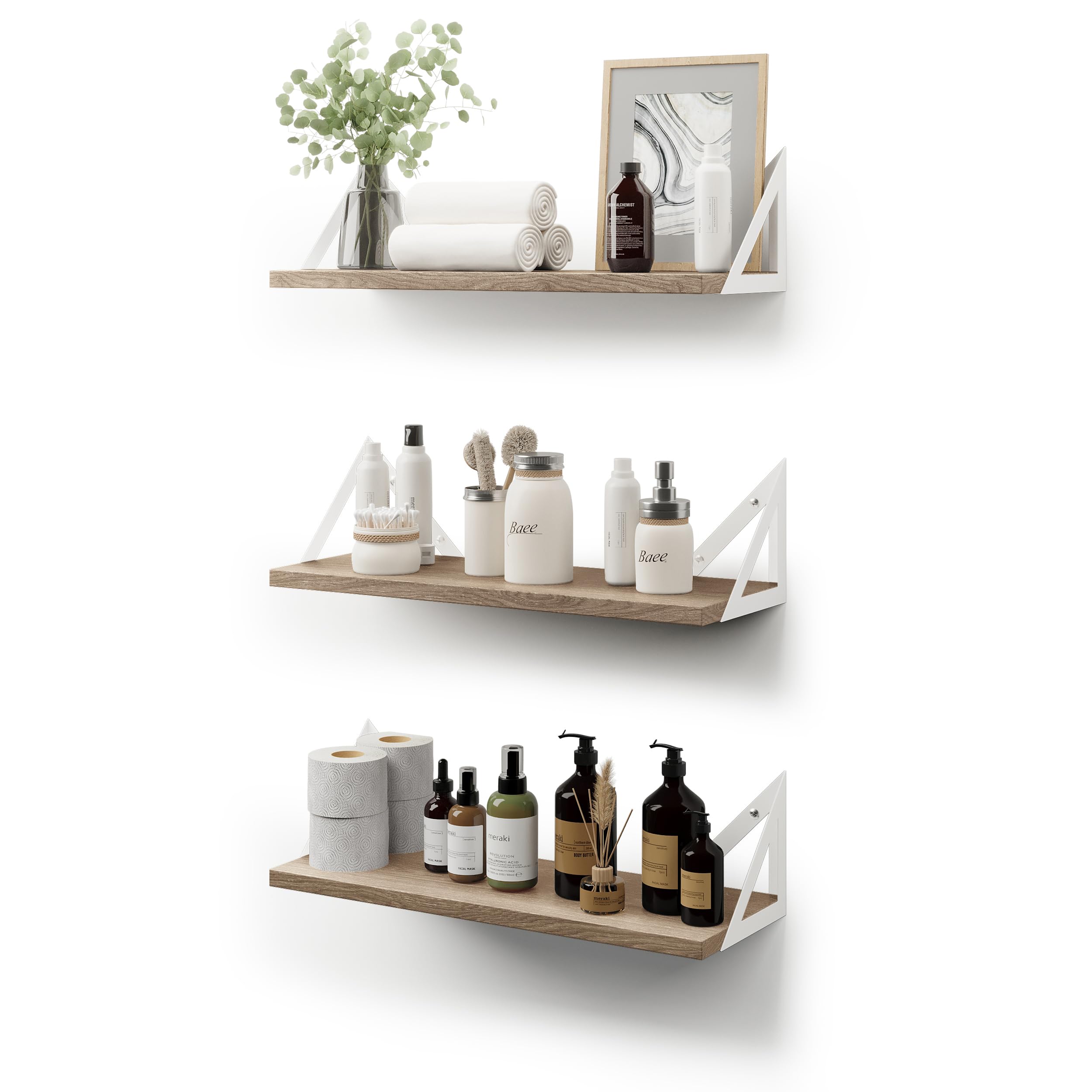 CASSA TOKO Wall Mounted Floating Book Shelves for Wall Set of 3, Shelf Bookshelf for Bedroom Living Room Office Bathroom Kitchen Rustic Wood with Metal Bracket (Natural White)