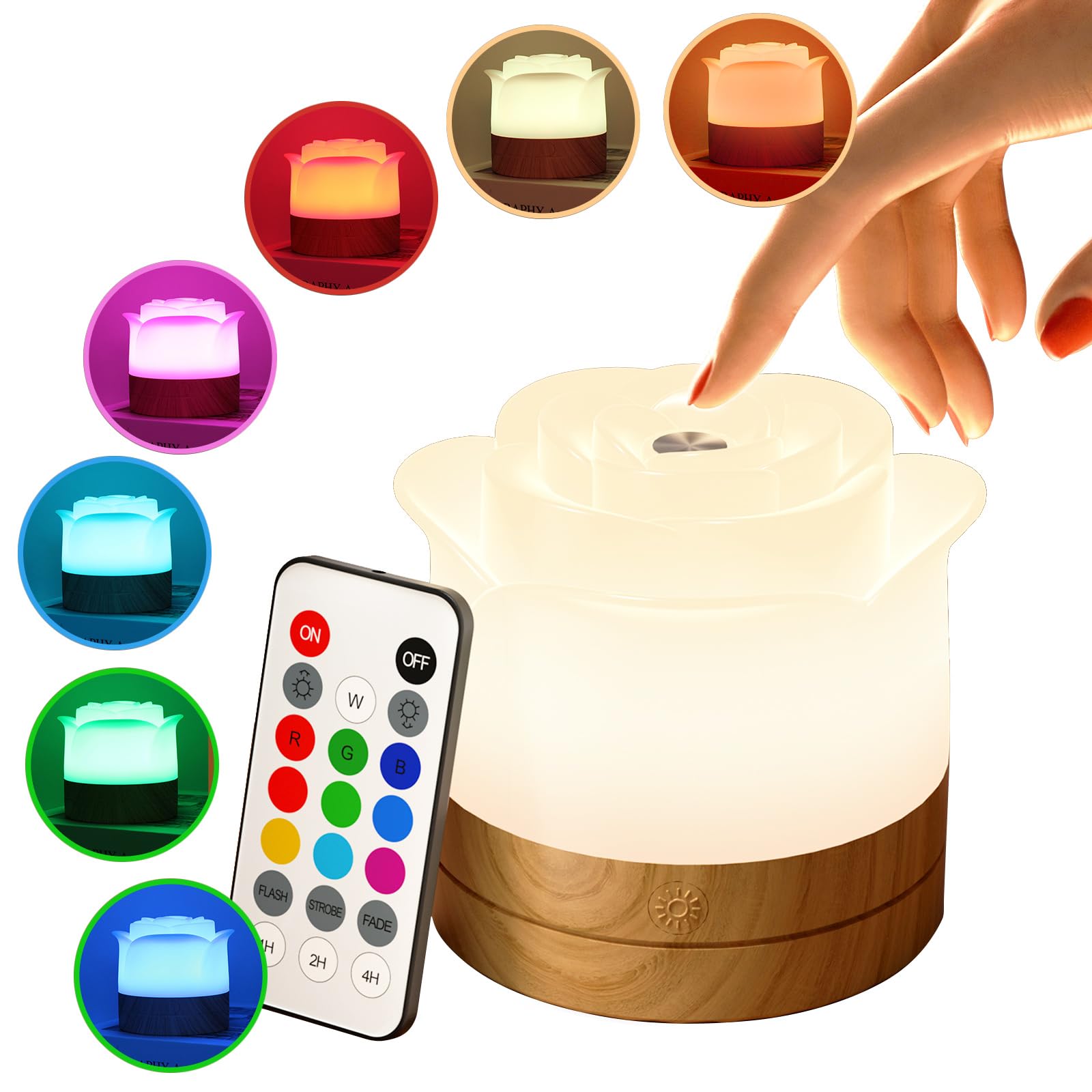 ICARERSPACE Roses Night Light,Dimmable Touch Lamp for Bedroom,Wood Grain Magnetic Attraction Night Light for Kids, Portable Table Bedside Lamp, 5 Brightness & 7 RGB Colors,Flower Bedside Lamp