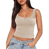NODHUT Women's Tank Tops Cute Slim Fitted Ribbed Knit Bow Lace Camisole Top Sexy Summer Square Neck Sleeveless Going Out Tops