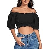 LYANER Women's Off Shoulder Ruffle Trim Ruched Short Sleeve Blouse Crop Top