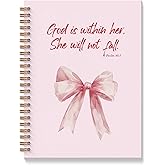 BAYOGITA Pink Coquette Bow Christian Spiral Notebooks, God is Within Her She Will Not Fall Bible Journal, Religious Prayer Journal for Woman, Coquette Girly Office Supplies, 5.5x8.3 Inches