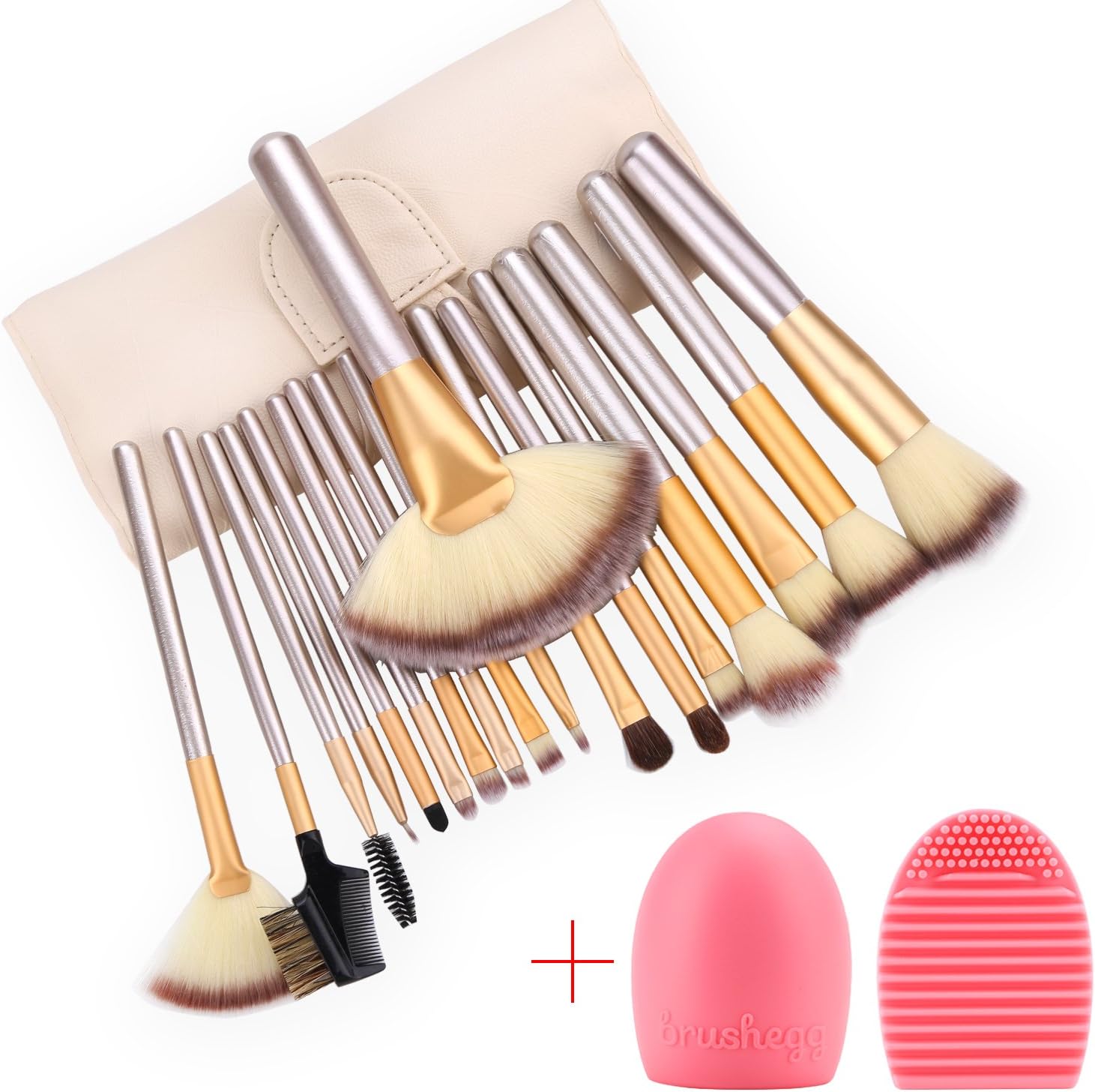 City View 18 Pieces Makeup Brushes Set Professional Wood Handle Premium Synthetic Kabuki Foundation Blending Blush Concealer Eye Face Liquid Powder Cream Cosmetics Brushes Kit with Brush Washing Egg