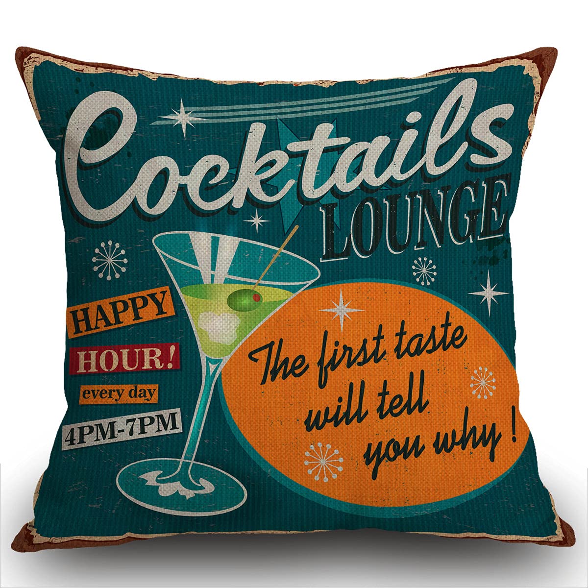 Smooffly Throw Pillow Case 1950s Vintage Cocktails Metal Sign Cushion Cover 18x18 inch Linen Square Throw Pillow Cover for Living Room Sofa Couch Bed Pillowcase 45cm x 45cm