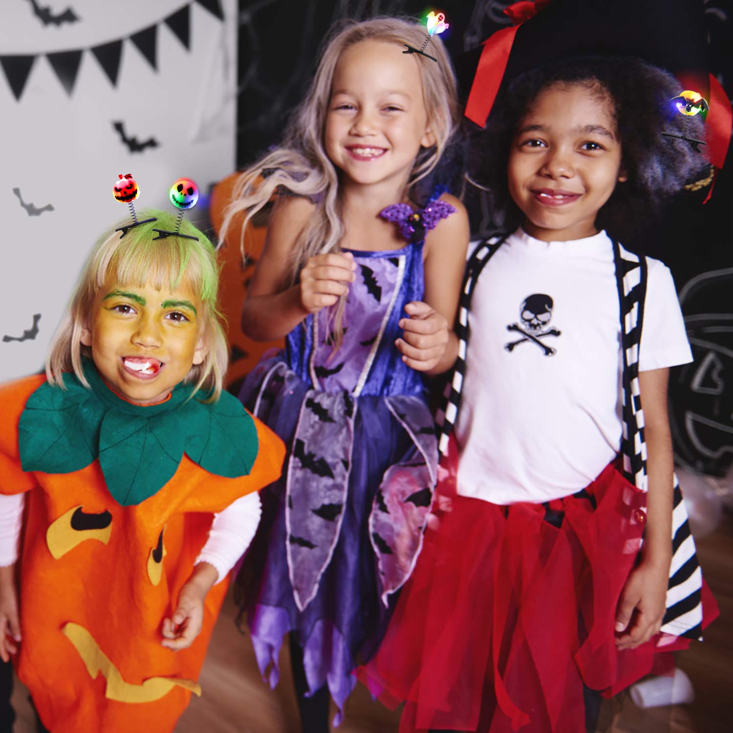 LED Light Up Earrings Hair Clips,Aniwon2 Pairs Glowing Halloween Flashing Skull Pumpkin Ear Drop Pendant With 4pcs Bright Stylish Fashion Hair Barrettes Pumpkin Bat Ghost mummy Hairpins for Halloween