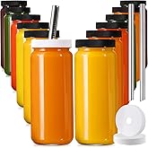 12 PACK, 16 OZ Glass Juice Bottles with Airtight Lids, Bonus 2 Straws & Perforated Lids, Reusable Juicer, Juicing Bottle - Clear Drinking Jars Cups, Water Bottles, Travel Juice Container, Black Caps