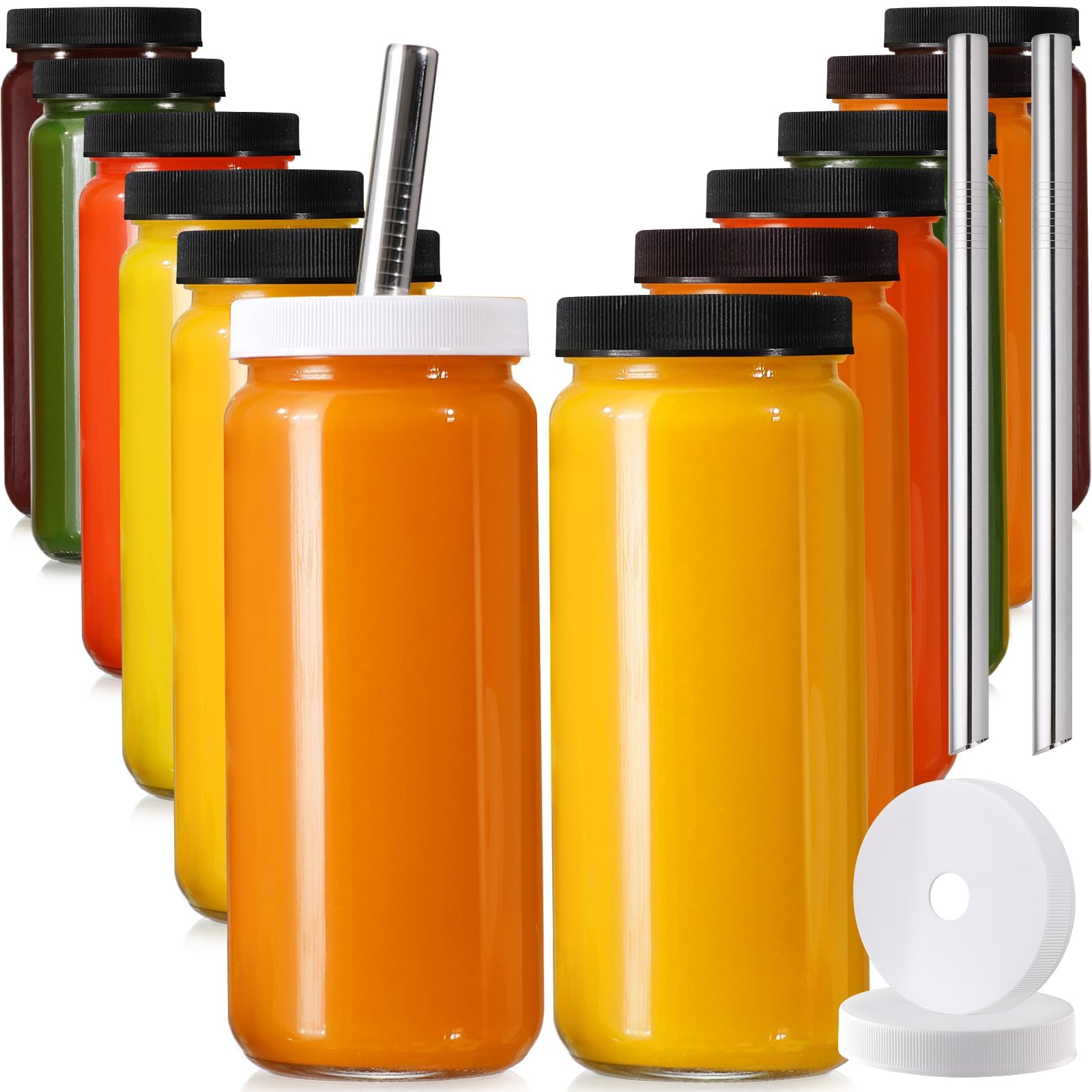 Photo 1 of 12 PACK, 16 OZ Glass Juice Bottles with Airtight Lids, Bonus 2 Straws & Perforated Lids, Reusable Juicer, Juicing Bottle - Clear Drinking Jars Cups, Water Bottles, Travel Juice Container, Black Caps