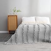 Ultra Soft Pre-Washed Quilted Boho Grey King Size Blankets for Bed, Ruffle Fringed Decorative Throw, Stone Washed Chic Rustic Blanket for Sofa Couch Bed, 104"*90"