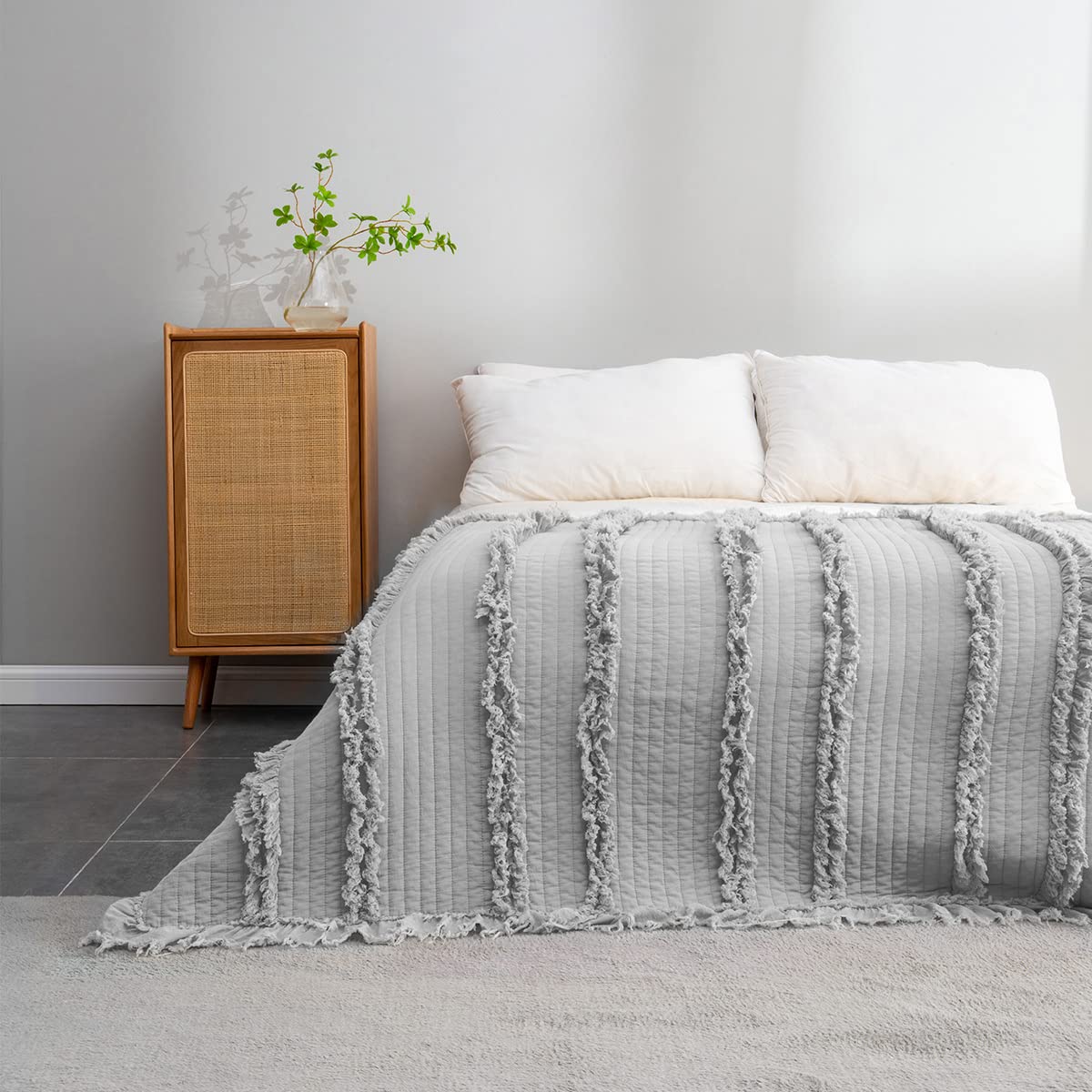 Photo 1 of Ultra Soft Pre-Washed Quilted Boho Grey King Size Blankets for Bed, Ruffle Fringed Decorative Throw, Stone Washed Chic Rustic Blanket for Sofa Couch Bed, 104"*90"