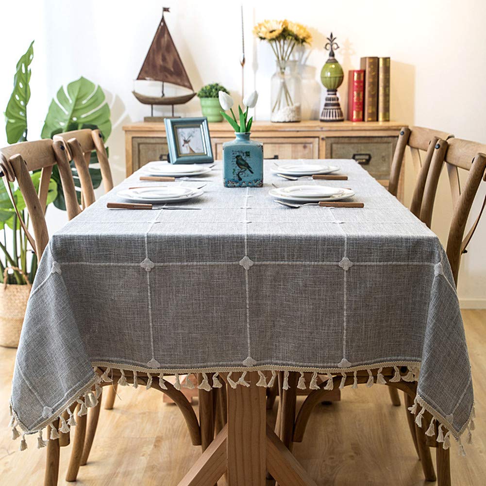 Wonhomke Cotton Linen Lattice Table Cloth Tassel Lace for Table Cover Tablecloth Party Banquet Dining Table Cover Grey 140x220cm(55x86.6inch)