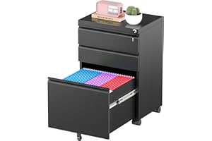 Greenvelly 3 Drawer Mobile File Cabinet with Lock, Fully Assembled Rolling File Cabinet Except Casters, Under Desk File Cabinet with Wheels for Home Office Fit Legal/Letter/A4 File (Assembled, Black)