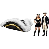 Nicky Bigs Novelties Black Pirate Hat For Women, Adult Colonial Three Cornered Cocked Tricorn Hat For Adults, Buccaneer Cap, Pirate Accessories Women with Gold Trim And Faux Feathers