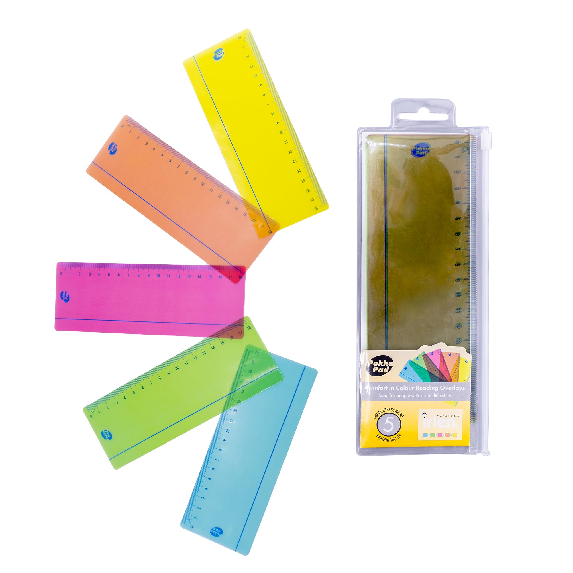 Pukka Pad Irlen Reading Rulers Designed to Help with Visual Processing – Pack of 5 with Pre-Printed Colour Rulers in Blue, Green, Orange, Red, and Yellow in Zipper Wallet – 19 x 7cm, 250um PET