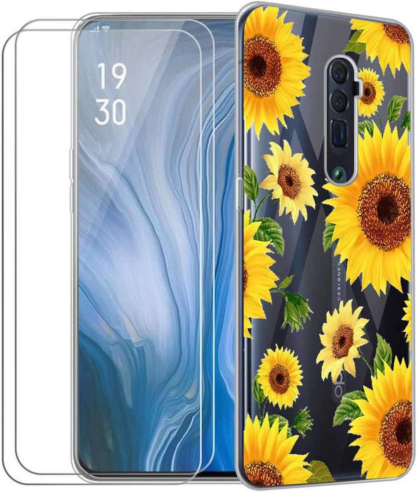 (3 in 1) for Oppo Reno 10x Zoom Case + (2 Pack) Glass Screen Protector Slim Clear Soft TPU Silicone Phone Case Cover with (Sunflower) Transparent for Oppo Reno 10x Zoom