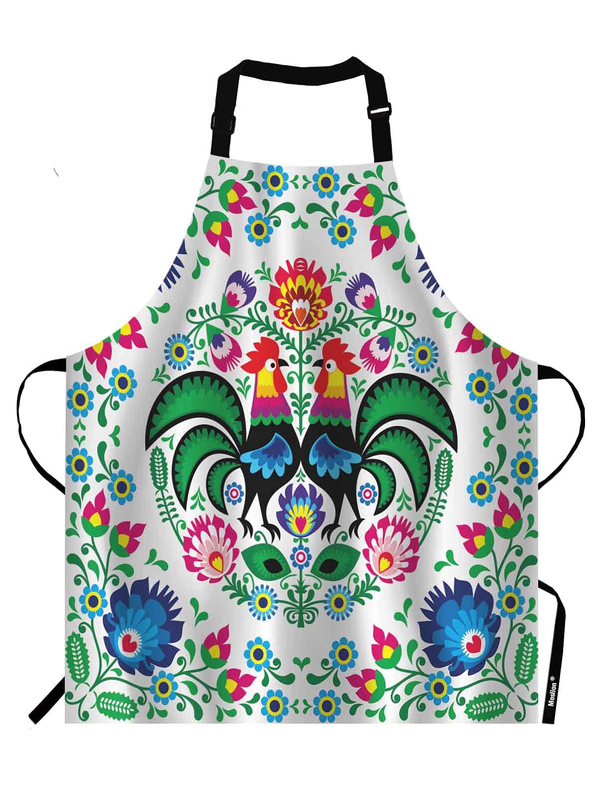 Moslion Poland Flowers Apron,Rooster with Polish Floral Folk Art Square Pattern Apron,Adjustable Neck Bib for Men Women,Suitable for Kitchen Cooking Waitress Chef