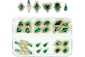 qiipii 24pcs 6 Styles Emerald Green Nail Charms Big Luxury Nail Rhinestones Heart Gems Crystals Diamonds Jewelry Jewels Stones Nail Art Studs for Arylic Nails DIY Crafts Clothes Shoe Phones Cardmaking