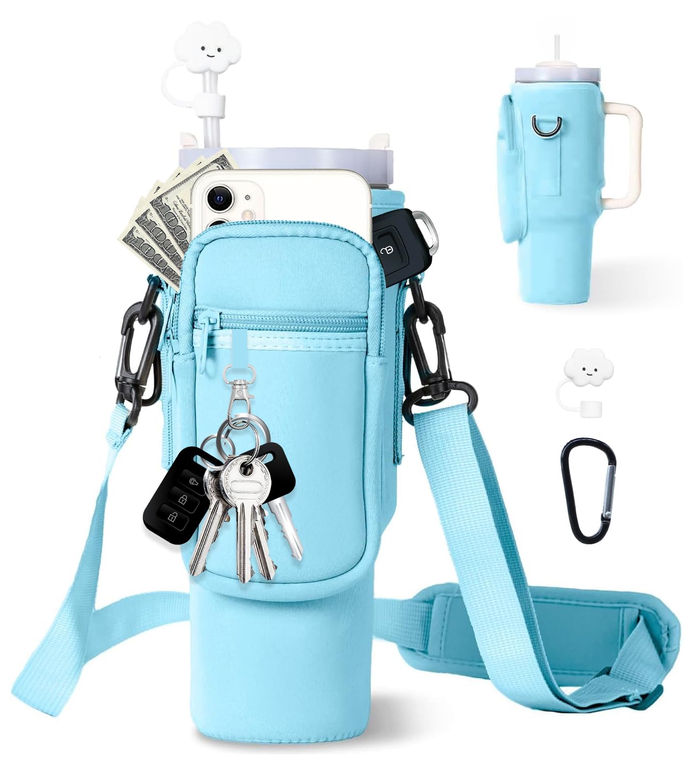 dabria Water Bottle Carrier Bag with Phone Pocket for Stanley 40/30 oz Tumbler Neoprene Water Bottle Holder Pouch with Adjustable Strap Bollus with Straw Cover & Carabiner for Stanley Cup Accessories