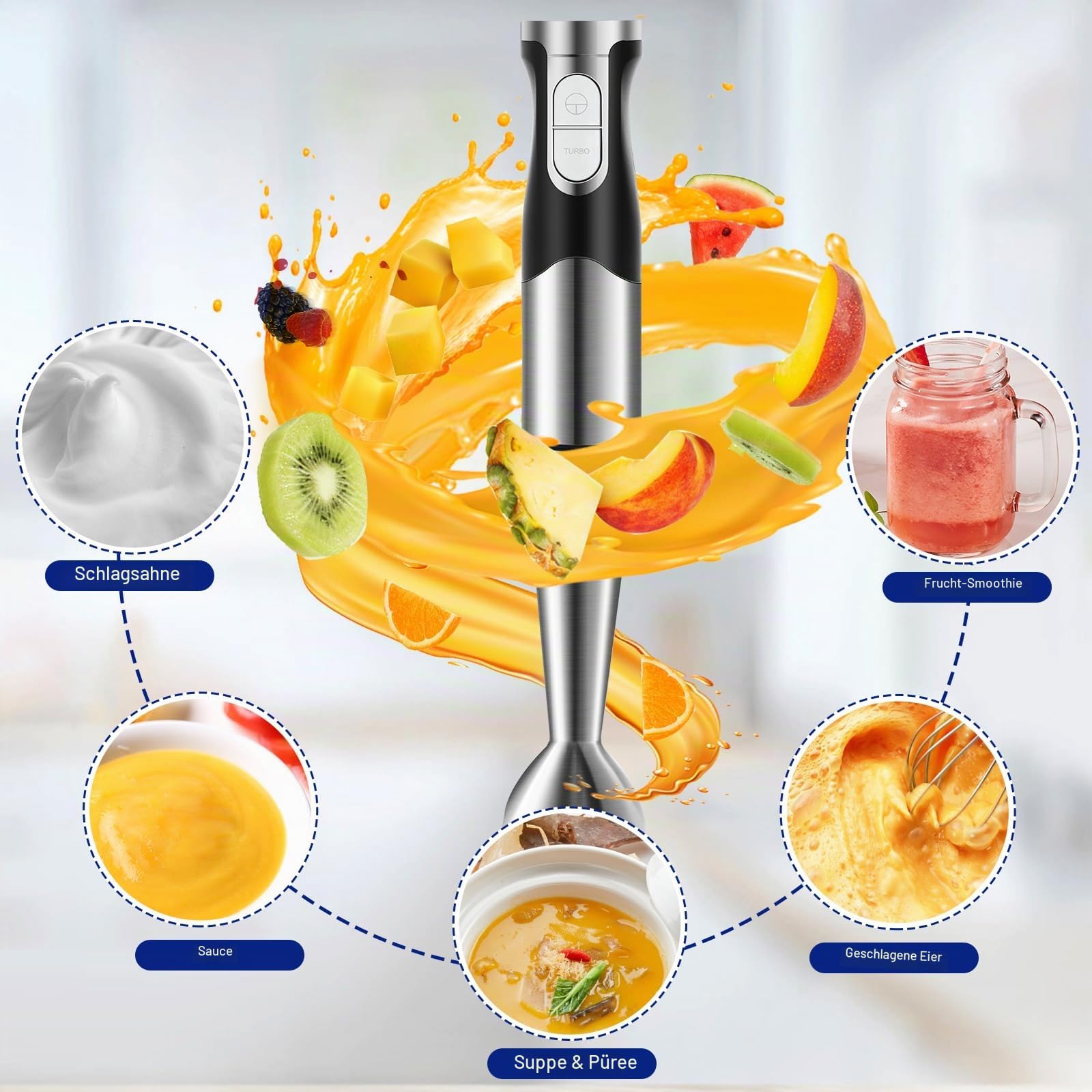 Stabmixer Set 6 in 1 Edelstahl 1200W für Babynahrung Salate Suppen Gemüse 4