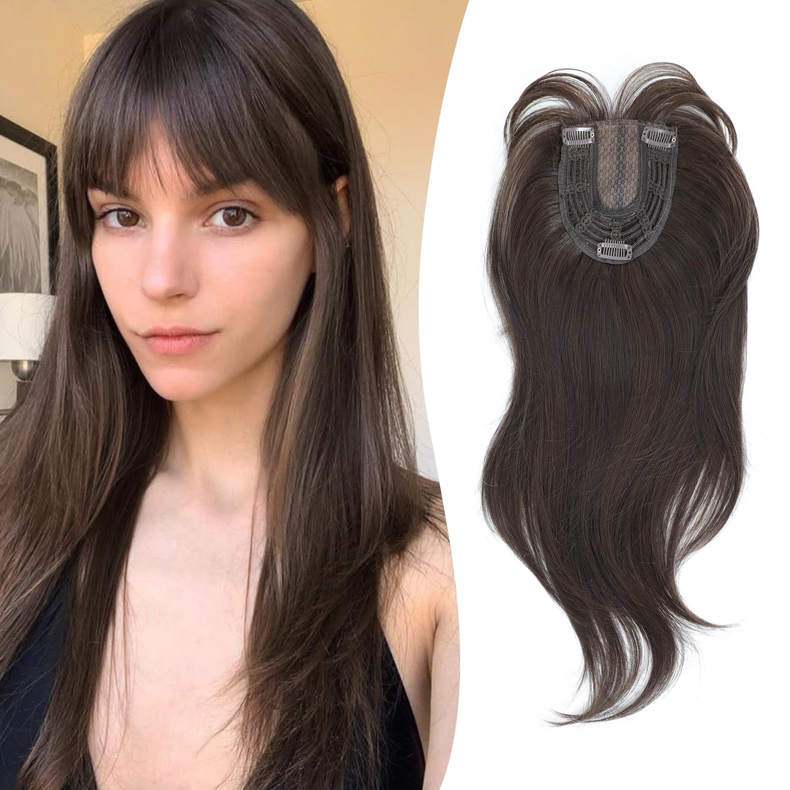 Photo 1 of Ms Taj 18 Inch Hair Topper with Clip in Bangs, Synthetic Fluffy 4"x5" Layered Straight Toppers for Women, 360° 3D Cover Bangs Hairpiece for Thinning Hair(Chocolate Brown)
