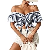 WDIRARA Women's Striped Off The Shoulder Blouse Bow Tie Ruffle Trim Short Sleeve Crop Tops