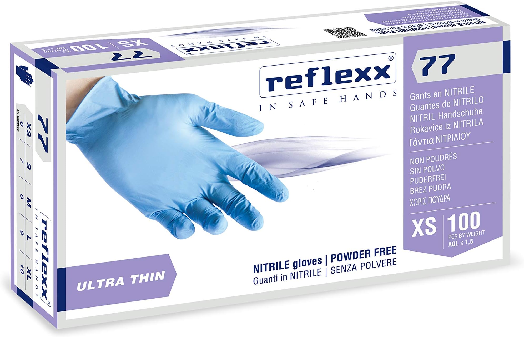 Reflexx R77100/XS Powder free nitrile gloves gr 3.0, Size X-Small, Light Blue (Pack of 100)
