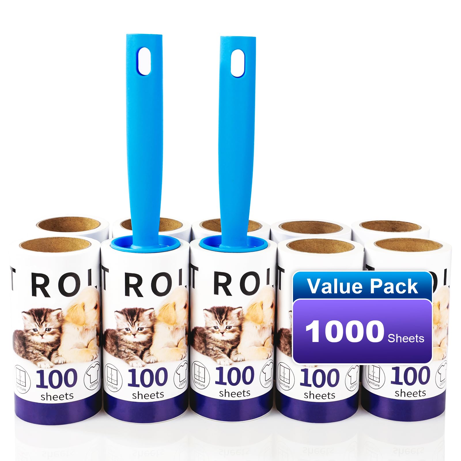 1000 Sheets Extra Sticky Lint Roller for Pet Hair Clothing, Lint Roller Pet Hair Remover Lint Brush for Hair Cat Hair Dog Hair (10 Rolls with 2 Dispensers)