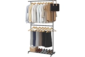 Sywhitta Double Rod Clothing Garment Rack, Rolling Coat Hanger with Bottom Mesh, Clothing Rack for Hanging Clothes, Coats, Skirts, Sweaters, Black