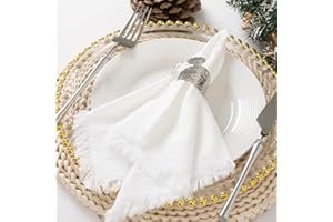 DeZerlor 6 Pack Ivory White Cotton Linen Napkins with Fringe Fall Napkins Cloth Set of 6 Boho Thanksgiving Napkins Handmade Dinner Napkins Bulk for Wedding Fall Dining Table, 17 x 17 Inches