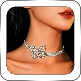 SAWINDA Rhinestone Butterfly Choker Necklace Silver Diamond Row Necklaces Sparkly Crystal Prom Party Jewerly for Women