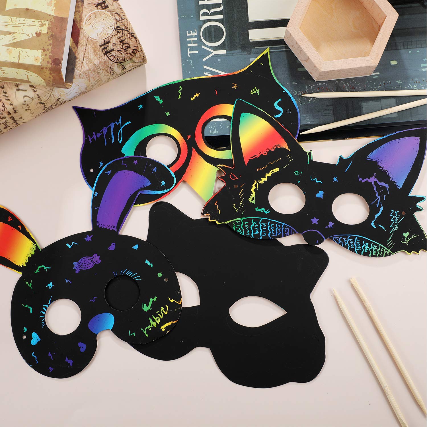 Honoson 36 Pieces Scratch Paper Animal Masks Rainbow Masks with Elastic Cords and 12 Pieces Wood Stylus for Costume Dress up Halloween Parties Decorations and DIY