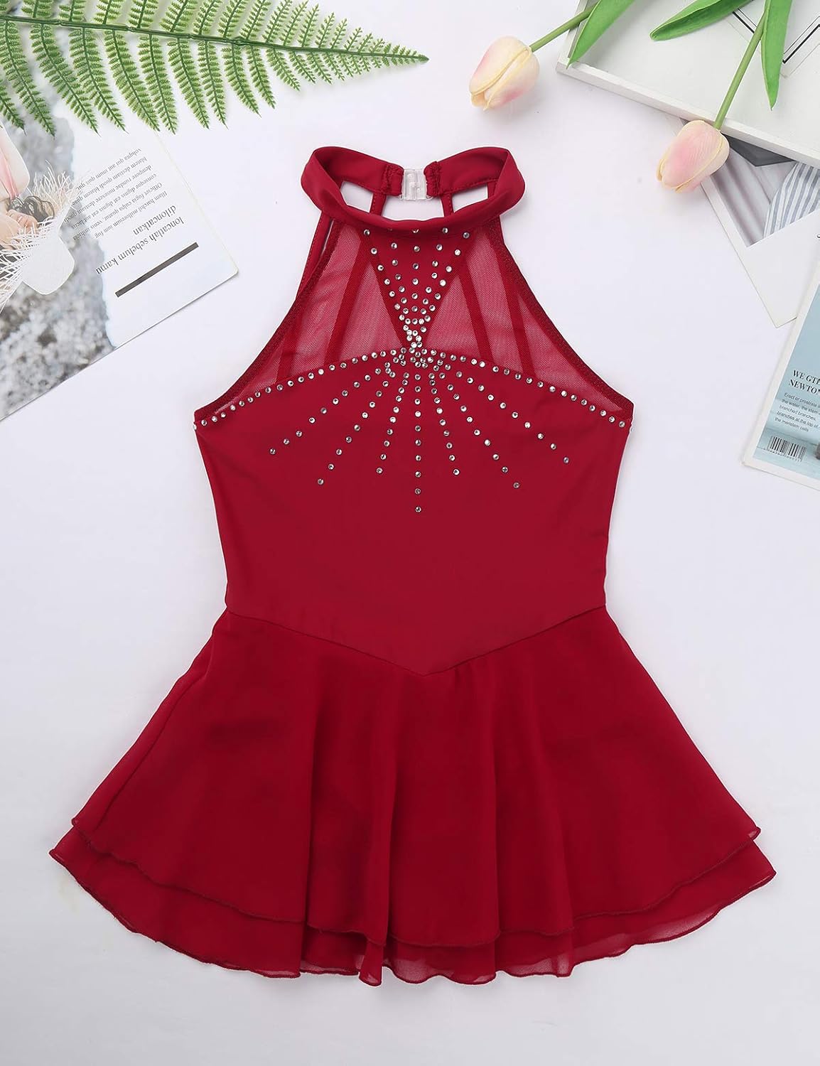 JEATHA Kids Girls Shiny Rhinestone Ballet Gymnastic Leotard Sleeveless Cutout Back Roller Skating Dress Dancewear: Clothing