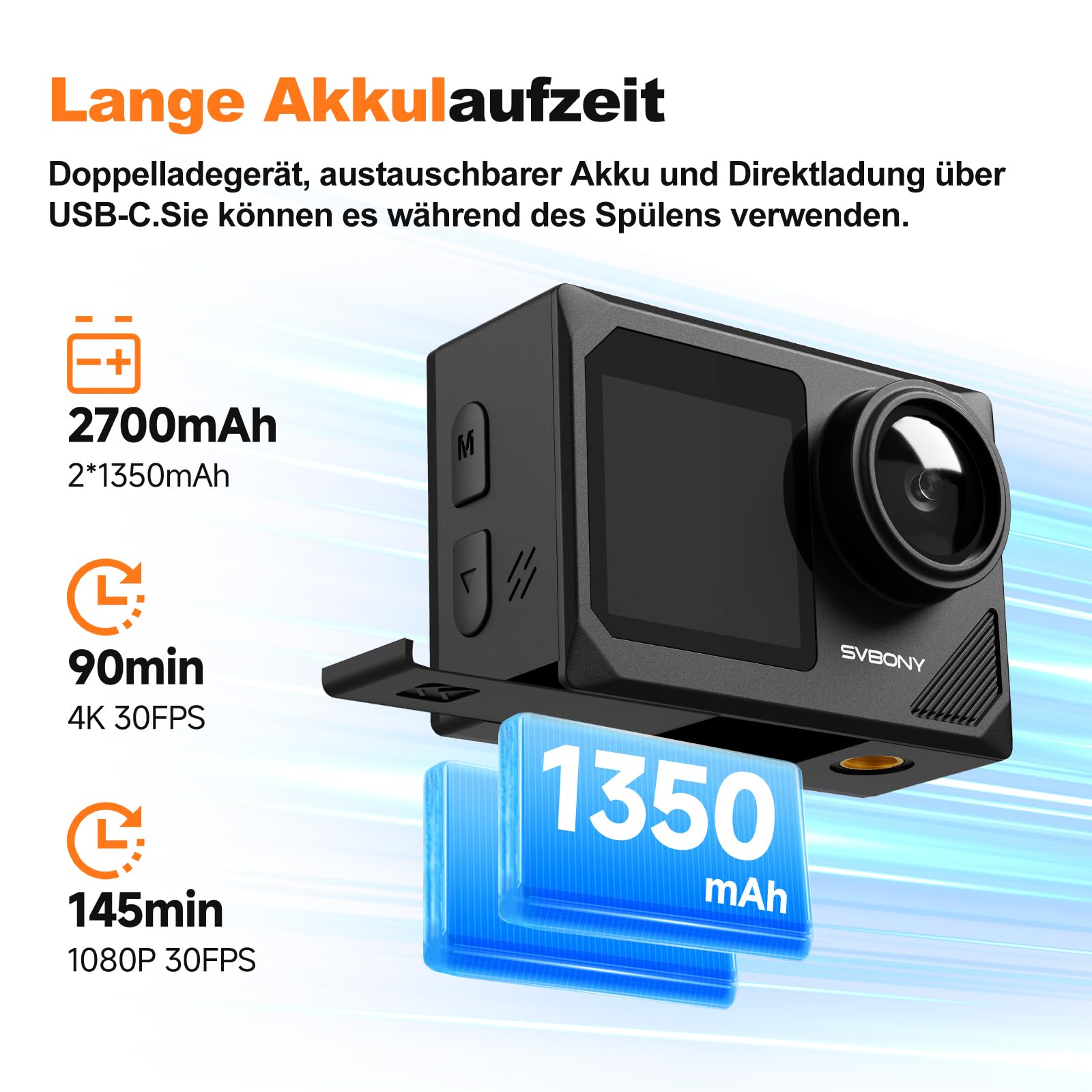 SVBONY SVGo2 4K Unterwasserkamera, Action-Kamera mit Externem Mikrofon, EIS, Wasserdicht bis 30m, Touchscreen, Dual-Screen, 2x1350mAh Akkus, 140° Weitwinkel, WLAN, Zubehörset zum Schnorcheln、Skifahren 8
