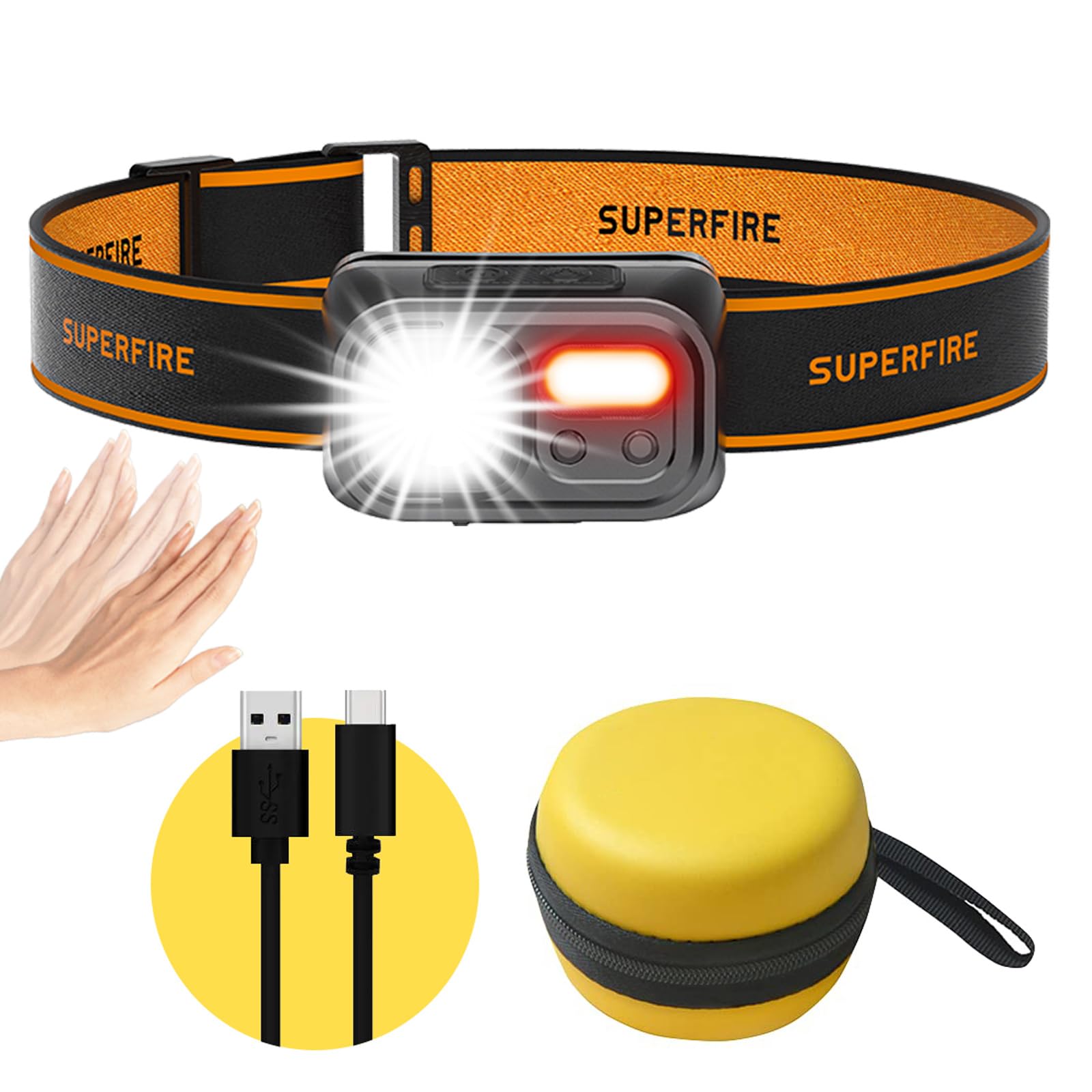 SuperFire LED Head Torch Rechargeable, 2000LM Super Bright Headlamp with Storage Box, USB C headtorch Sensor Control, 9 Light Modes(Red Light), Lightweight Headlight for Camping Fishing Cycling Hiking