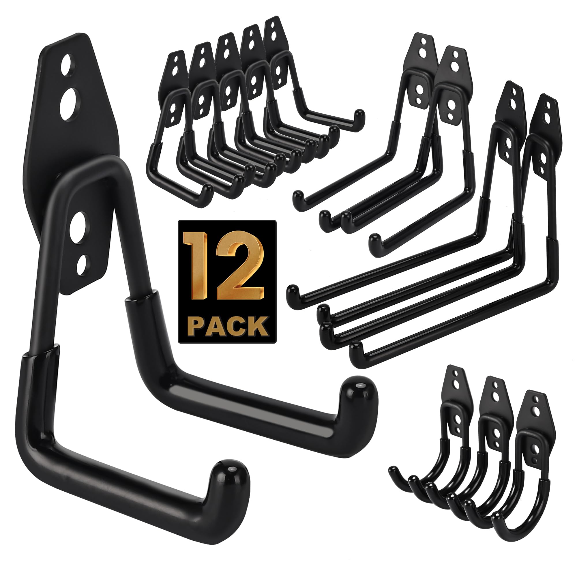 TECHSHARE Garage Hooks, 12 Pack Heavy Duty Wall Hooks, 4 Sizes Storage Hook for Garden Tools, Sports Equipment, Garage Organization