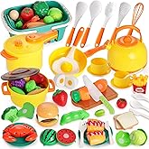 LovesTown 59PCS Pretend Play Food Set for Toddler, Yellow Toys Pots and Pans for Kids with Basket Kitchen Toys for Girls Boys Birthday Gifts