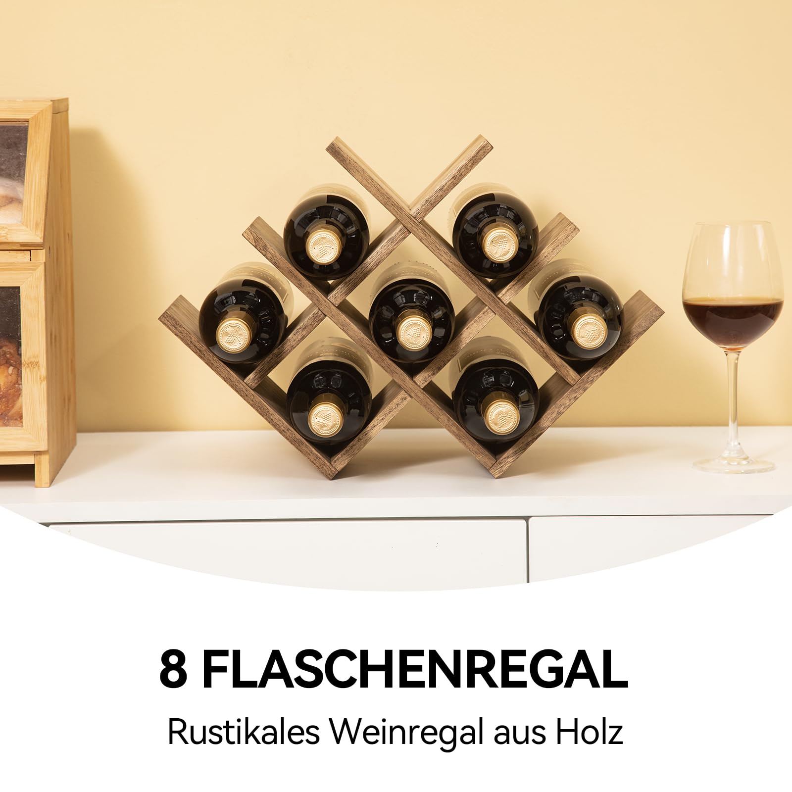 KIRIGEN Weinregal Holz für 8 Flaschen, Flaschenregal und Weinhalter, Braun 2
