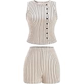 winkbay Women's 2 Piece Work Office Outfits Summer Striped Button Up Vest and Shorts Matching Sets
