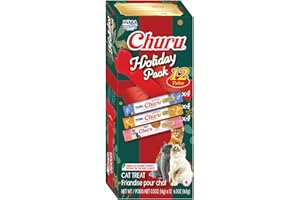 INABA Churu Cat Treats, Lickable, Squeezable Creamy Purée Cat Treat with Taurine & Green Tea Extract, 0.5oz Each Tube, 12 Tubes, Churu Spoon Holiday Variety Pack