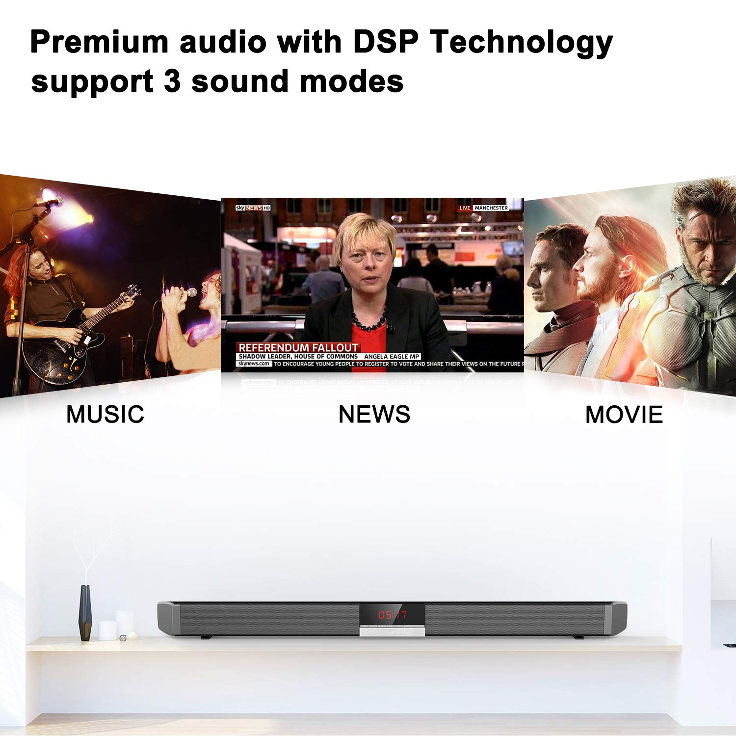 Sound Bar, 2.0 Channel Wired&Wireless Bluetooth Stereo Soundbar, Three Equalizer Mode Audio Speaker for TV (Optical Cable Included,DSP,Bass Adjustable,Wall Mountable)