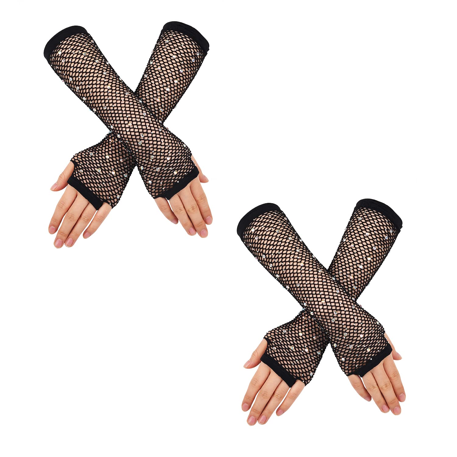 XNHIU 2 Pairs Open Finger Diamond Fishing Net Gloves Mesh Gloves Fishnet Mesh Gloves For Women Gloves with Colored Diamonds Clothing Accessories Fashion Gloves for Parties