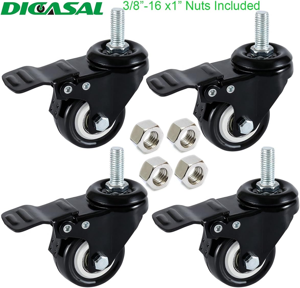 DICASAL 2" Stem Casters, Heavy Duty Swivel Stem Casters PU Foam Quite Mute No Noise Castors Markless Wheels Double Bearings and Locks Loading 300 Lbs Pack of 4 with Brake Black: Automotive