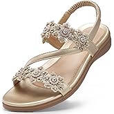 TEMOFON Sandals for Women Flat Dressy Summer Flower Sandals with Ankle Strap Comfortable Casual Walking Flat Sandals Size 5-11
