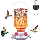 Hummingbird Feeders for Outdoors with Ant Moat, Hand Blown Glass Hummingbird Feeder, 4 Feeding Ports with Perch, Outdoor Garden Décor, 15 OZ, Orange