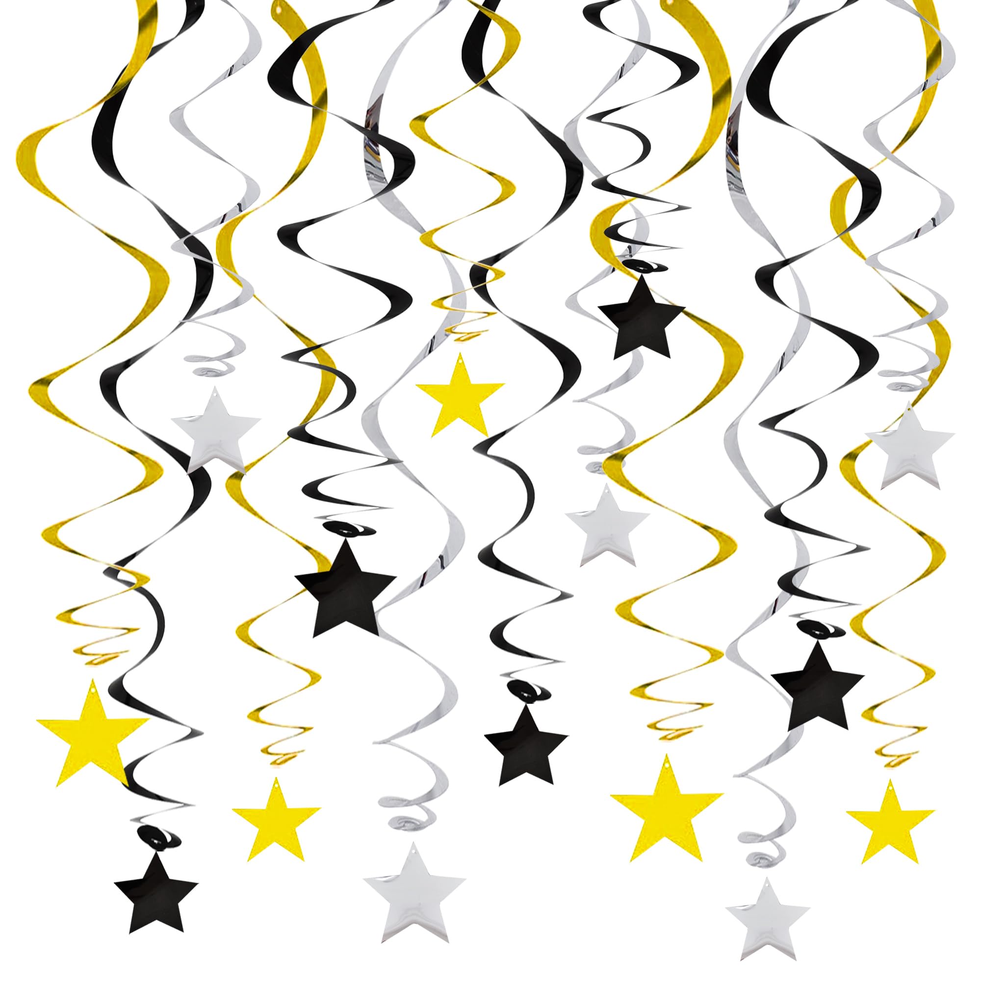 Photo 1 of BEISHIDA Black Gold Silver Star Hanging Swirl Decorations,Graduation Birthday Hanging Party Supplies for Graduation Wedding Baby Shower Birthday Decorations,Pack of 15