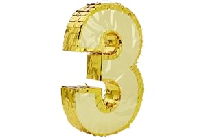 Gold Foil Number 3 Pinata for 3rd Birthday Party Decorations, Centerpieces, Anniversary Celebrations (Small, 11.1 x 2.9 x 16.